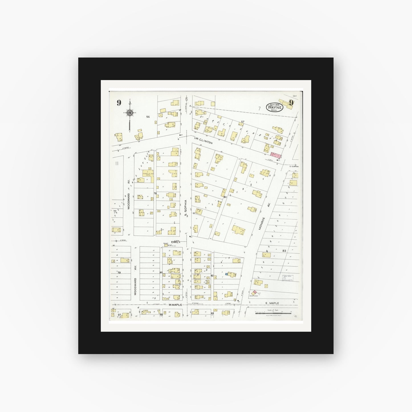 Old map wall art mockup — black gallery frame with white mat — Sanborn Fire Insurance Map from Wayne, Wayne County, Michigan (1926), Sheet #0009