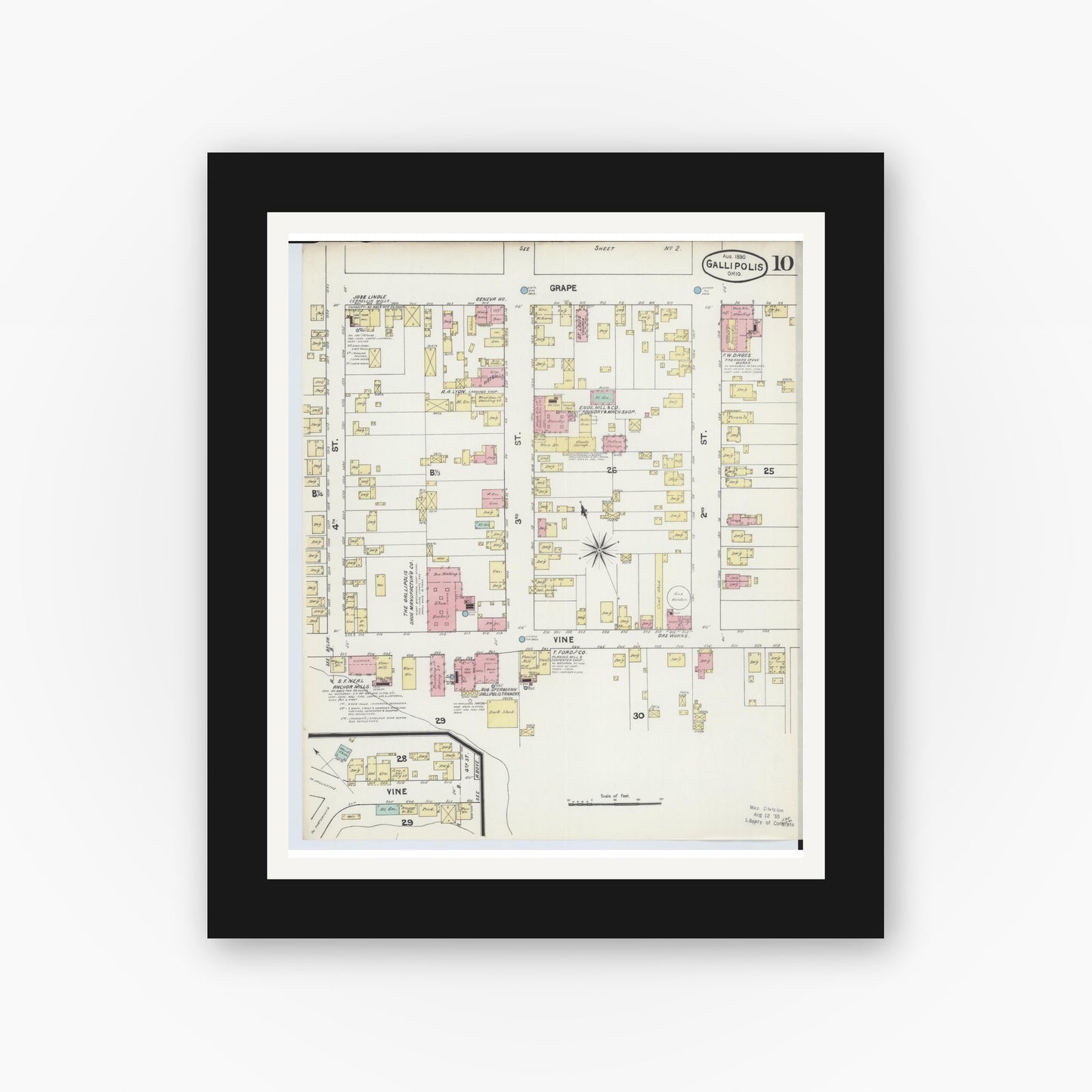 Old map wall art mockup — black gallery frame with white mat — Sanborn Fire Insurance Map from Gallipolis, Gallia County, Ohio (1890), Sheet #0010