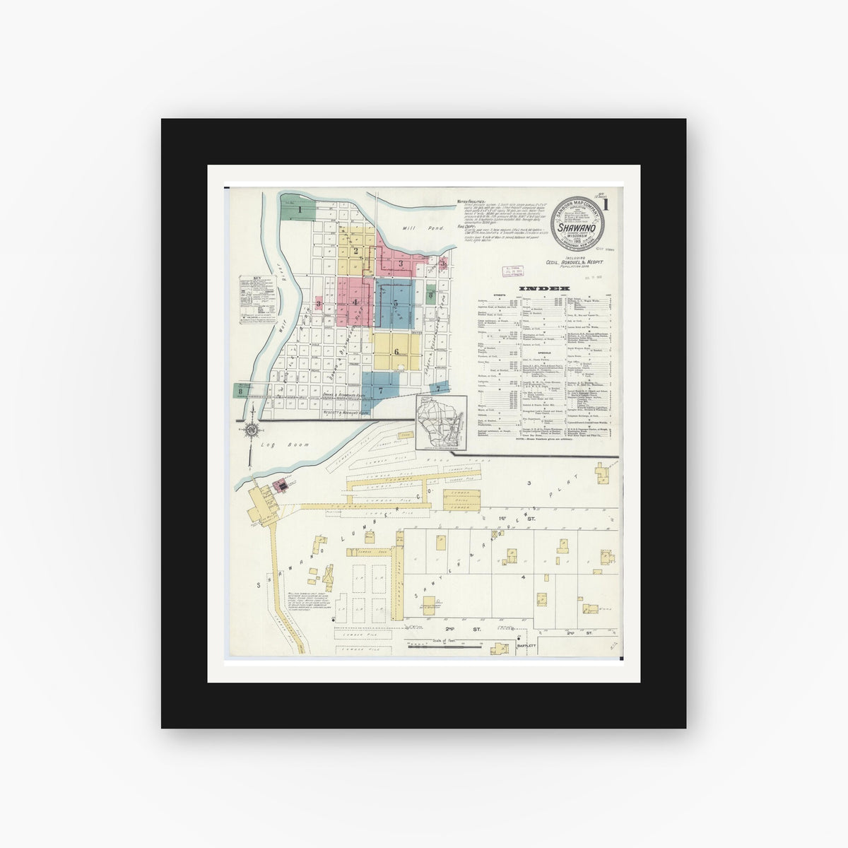 Old map wall art mockup — black gallery frame with white mat — Sanborn Fire Insurance Map from Shawano, Shawano County, Wisconsin (1913) - Complete Map Set