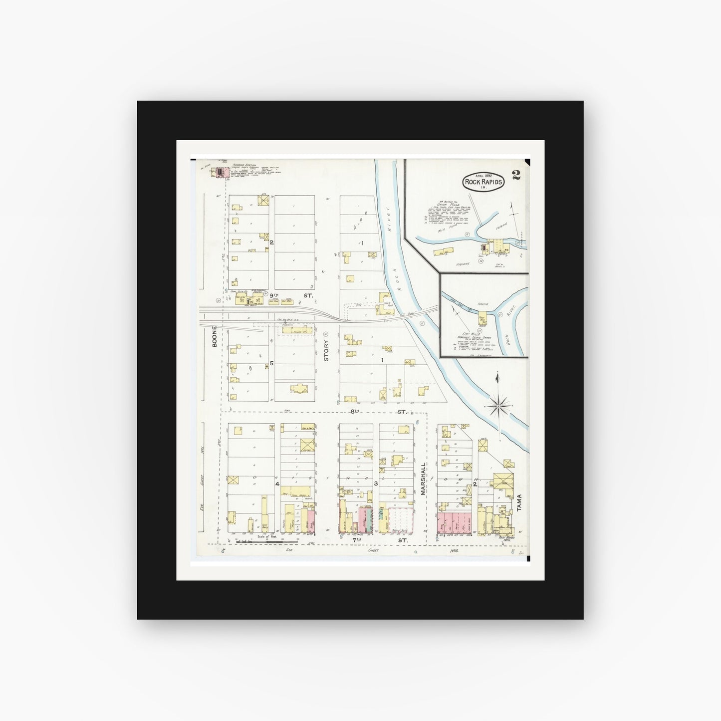 Old map wall art mockup — black gallery frame with white mat — Sanborn Fire Insurance Map from Rock Rapids, Lyon County, Iowa (1892), Sheet #0002
