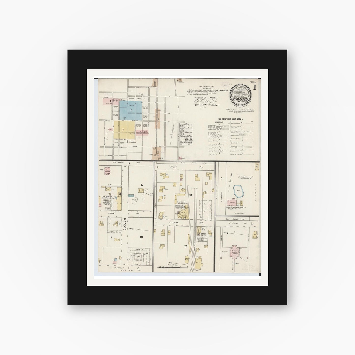 Old map wall art mockup — black gallery frame with white mat — Sanborn Fire Insurance Map from Bowling Green, Wood County, Ohio (1888), Sheet #0001