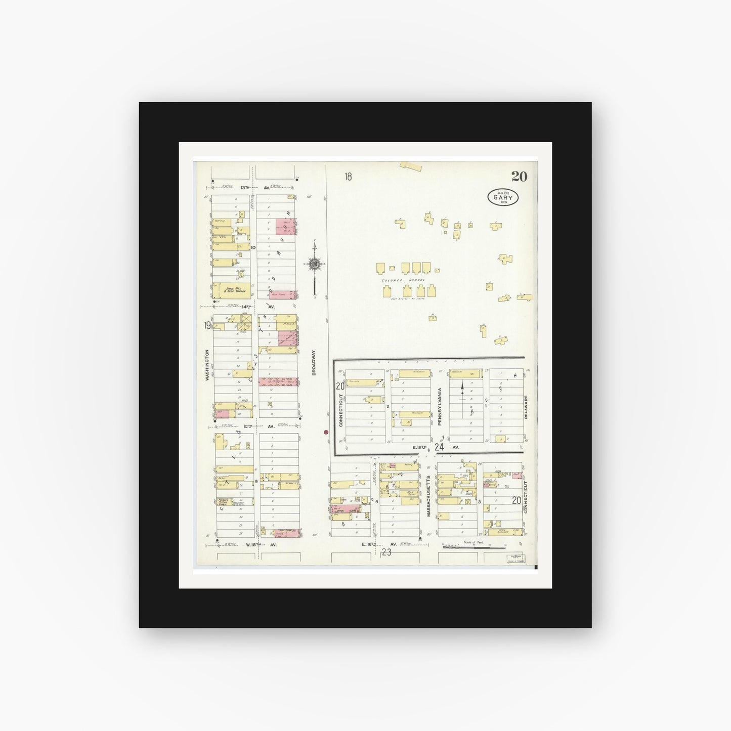 Old map wall art mockup β black gallery frame with white mat β Sanborn Fire Insurance Map from Gary, Lake County, Indiana (1911), Sheet #0020