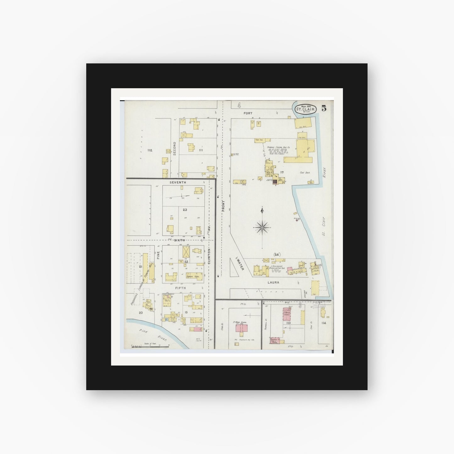 Old map wall art mockup — black gallery frame with white mat — Sanborn Fire Insurance Map from Saint Clair, Saint Clair County, Michigan (1895), Sheet #0005