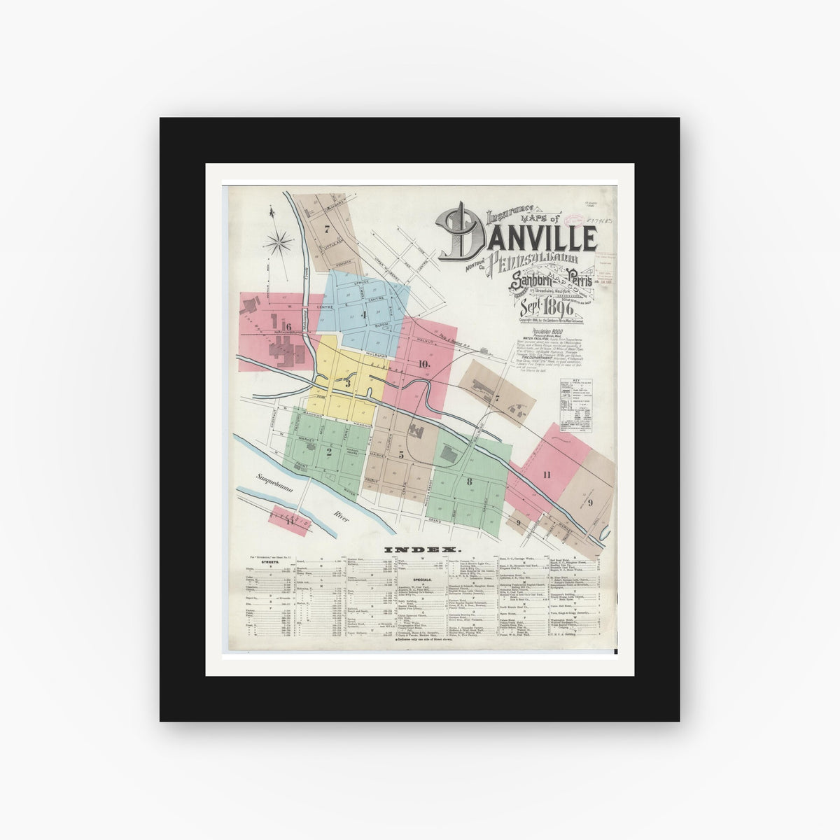 Old map wall art mockup — black gallery frame with white mat — Sanborn Fire Insurance Map from Danville, Montour County, Pennsylvania (1896) - Complete Map Set
