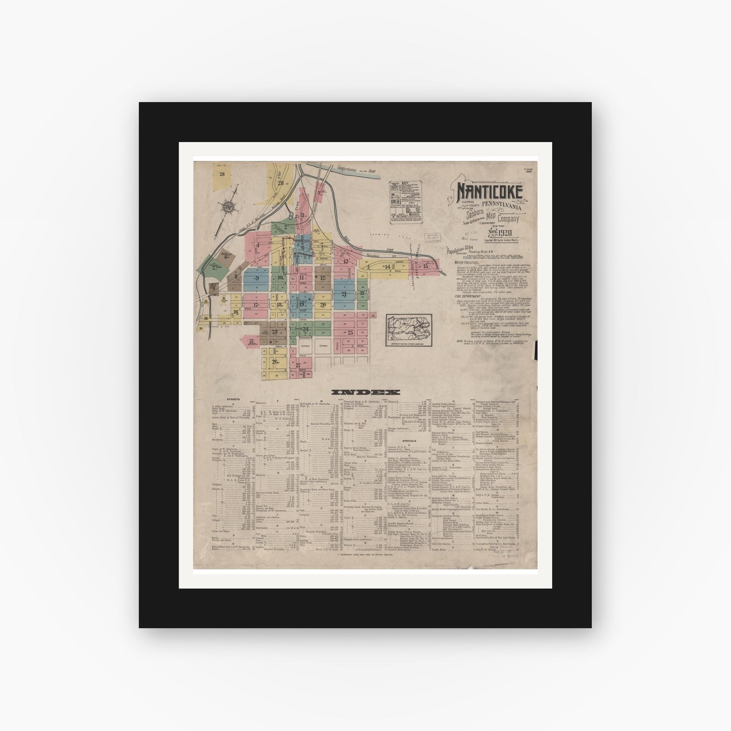 Old map wall art mockup — black gallery frame with white mat — Sanborn Fire Insurance Map from Nanticoke, Luzerne County, Pennsylvania (1920) - Complete Map Set