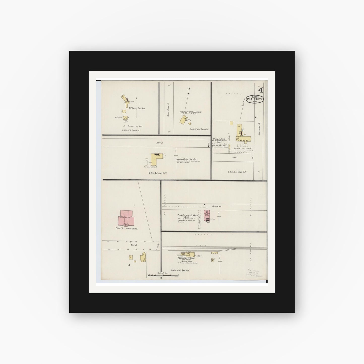 Old map wall art mockup — black gallery frame with white mat — Sanborn Fire Insurance Map from Plain City, Madison And Union Counties, Ohio (1895), Sheet #0004