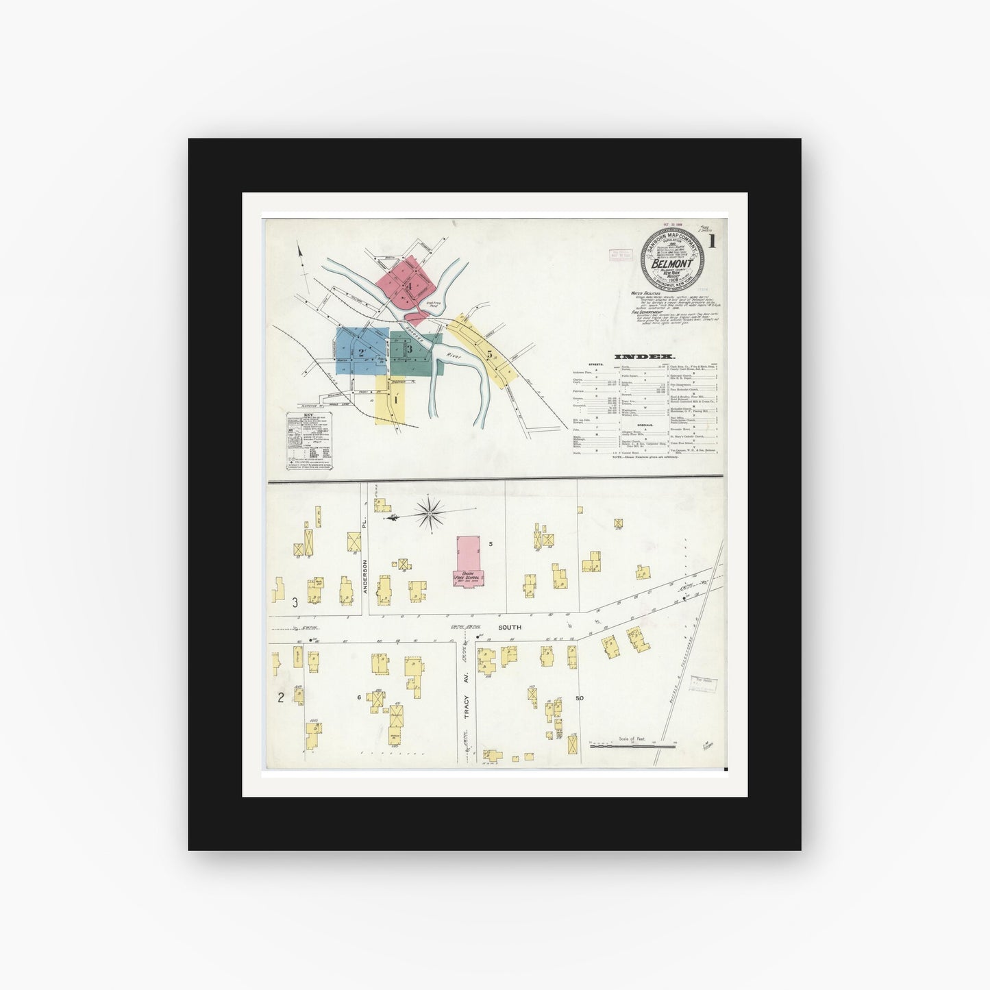 Old map wall art mockup — black gallery frame with white mat — Sanborn Fire Insurance Map from Belmont, Allegany County, New York (1909) - Complete Map Set