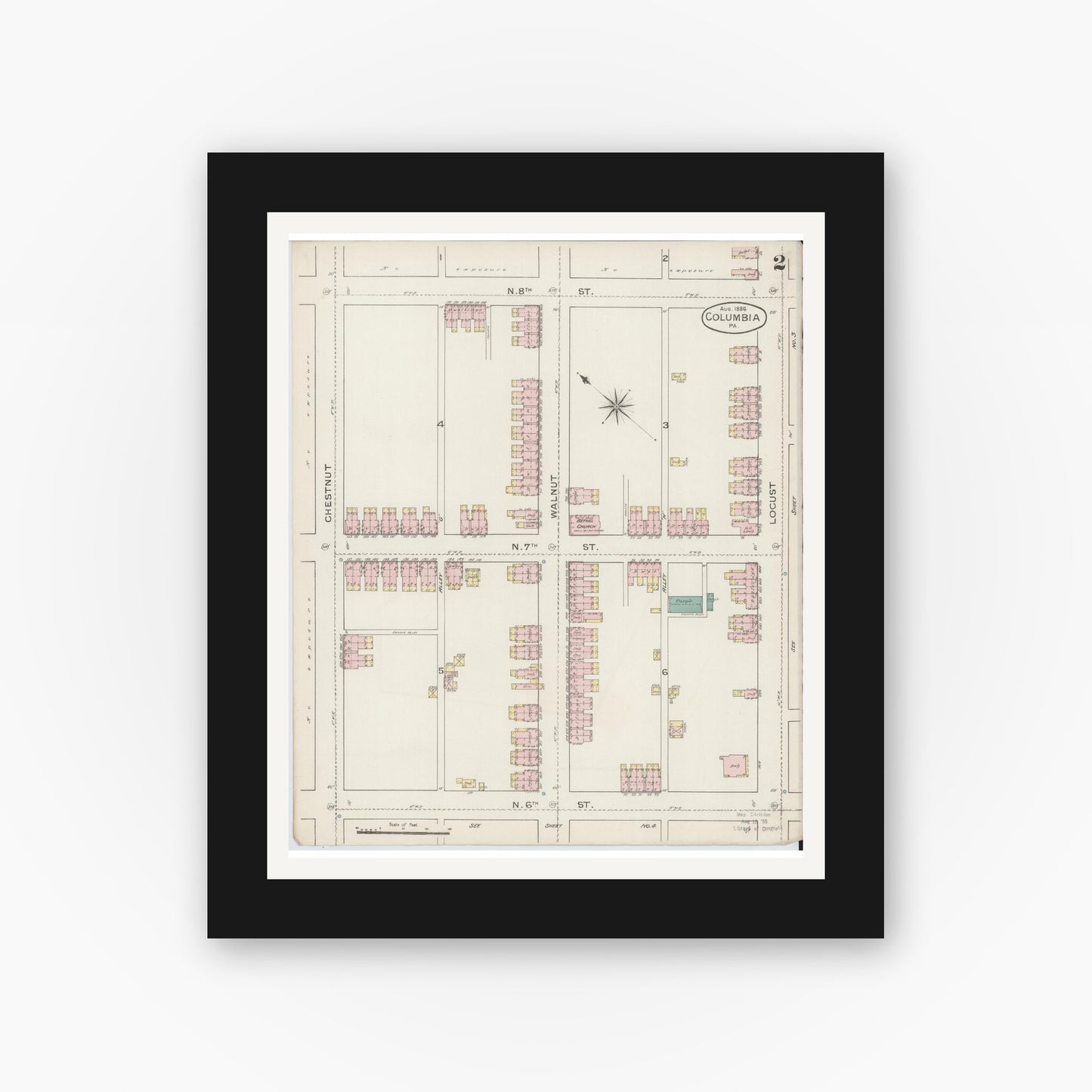 Old map wall art mockup — black gallery frame with white mat — Sanborn Fire Insurance Map from Columbia, Lancaster County, Pennsylvania (1886), Sheet #0002