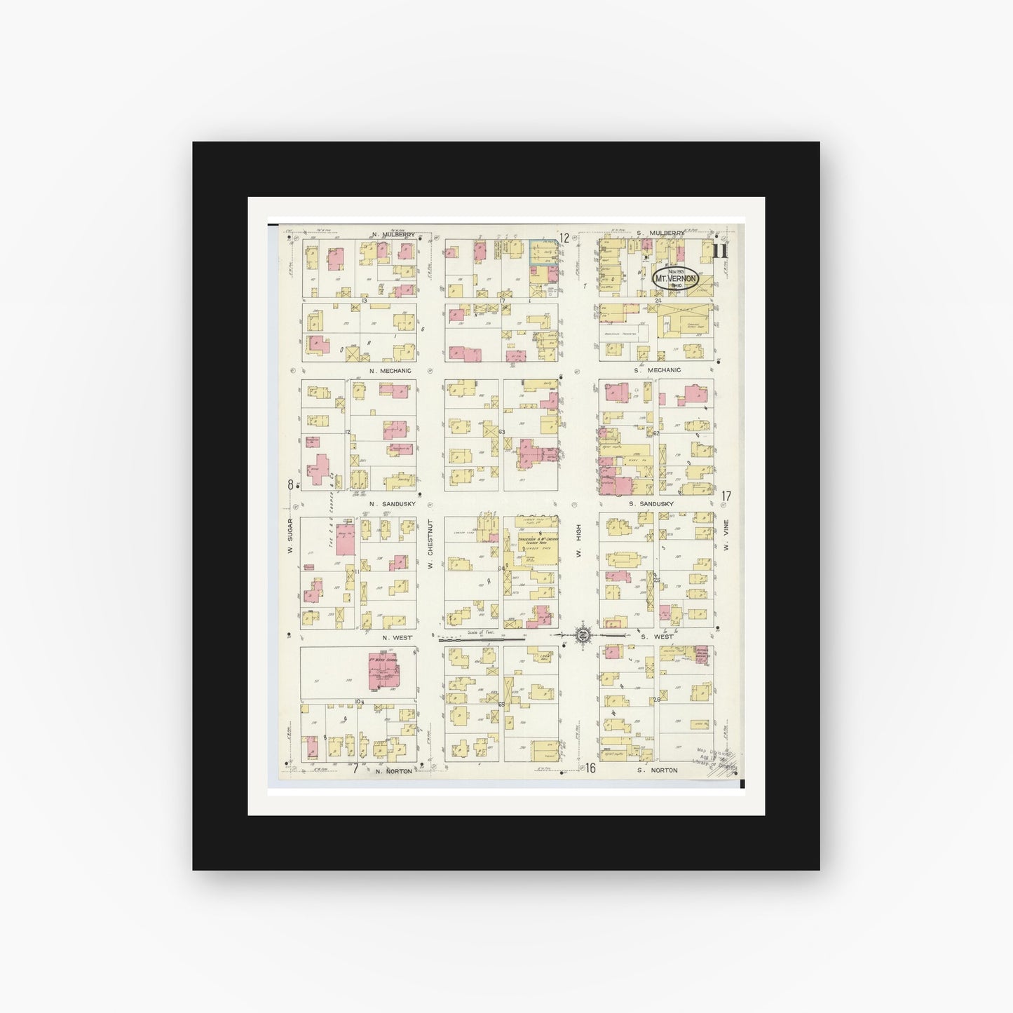 Old map wall art mockup — black gallery frame with white mat — Sanborn Fire Insurance Map from Mount Vernon, Knox County, Ohio (1913), Sheet #0011