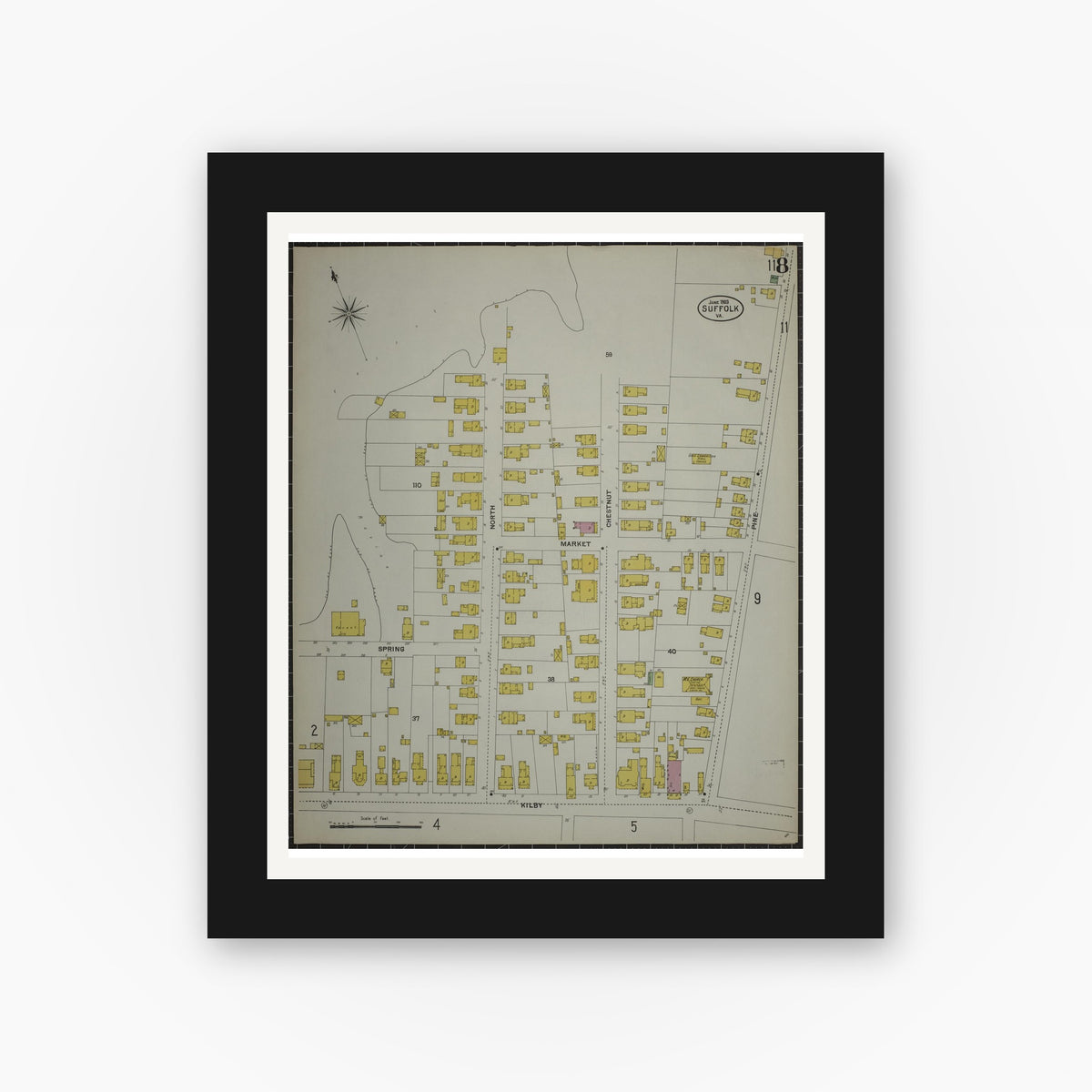 Old map wall art mockup — black gallery frame with white mat — Sanborn Fire Insurance Map from Suffolk, Independent Cities, Virginia (1903), Sheet #0008
