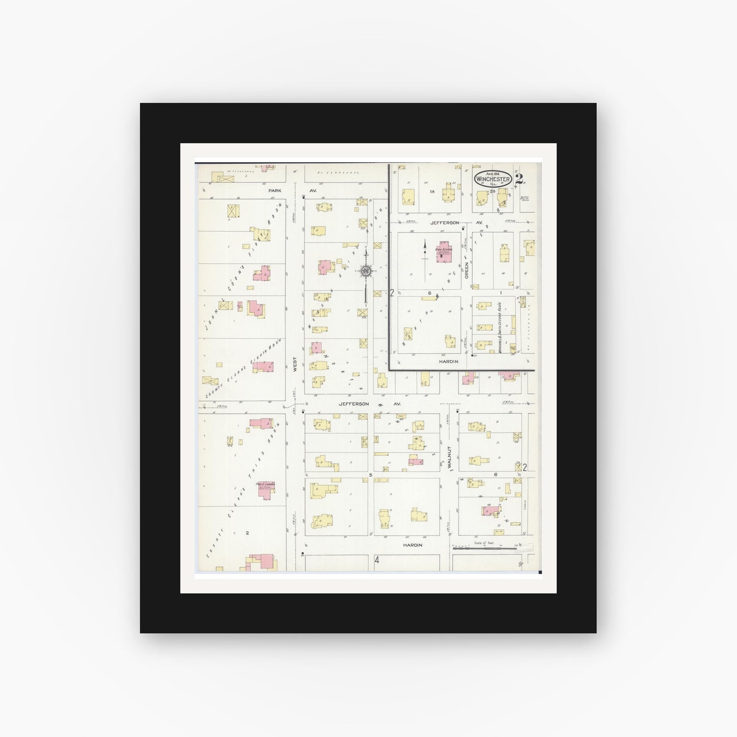 Old map wall art mockup — black gallery frame with white mat — Sanborn Fire Insurance Map from Winchester, Scott County, Illinois (1914), Sheet #0002