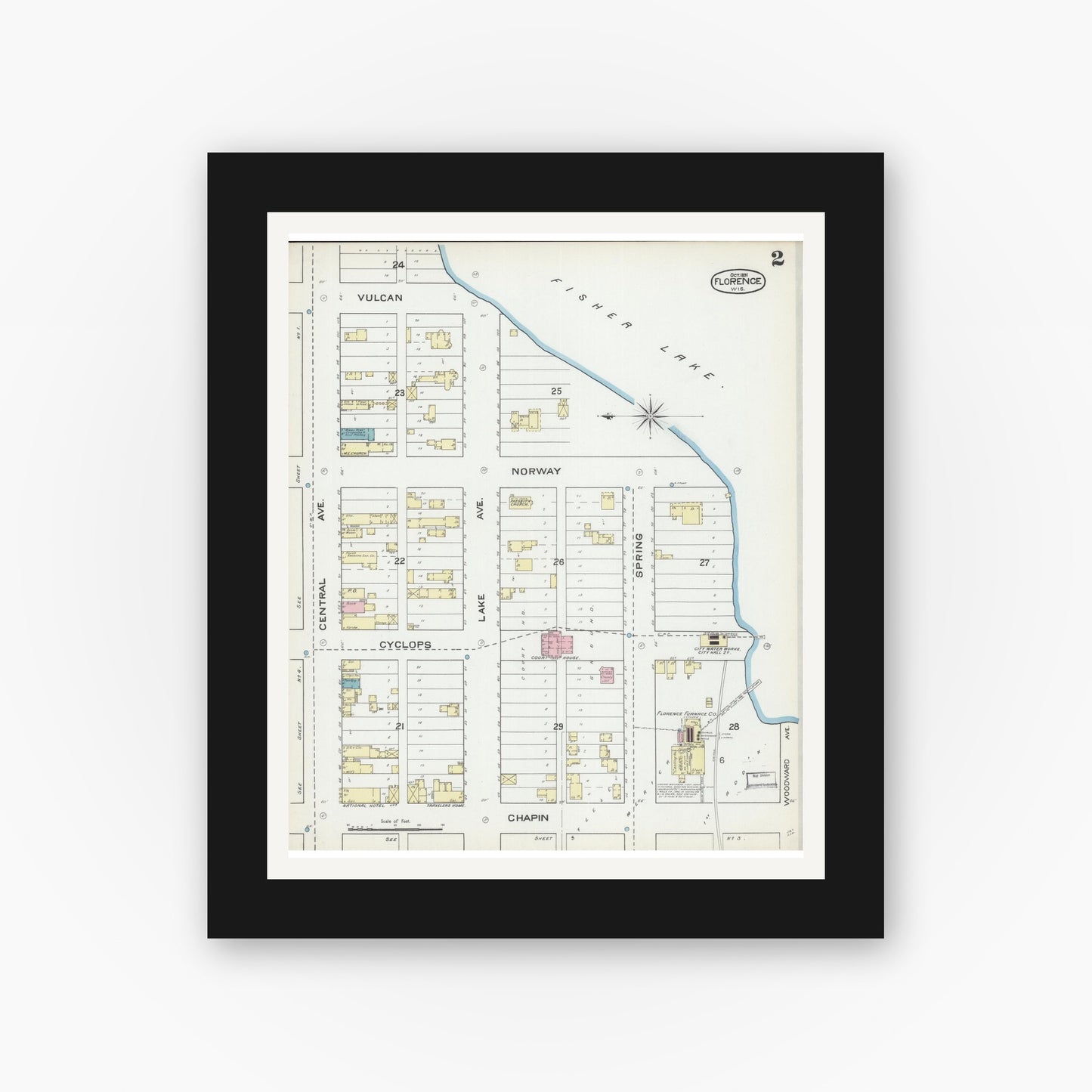 Old map wall art mockup — black gallery frame with white mat — Sanborn Fire Insurance Map from Florence, Florence County, Wisconsin (1891) - Complete Map Set