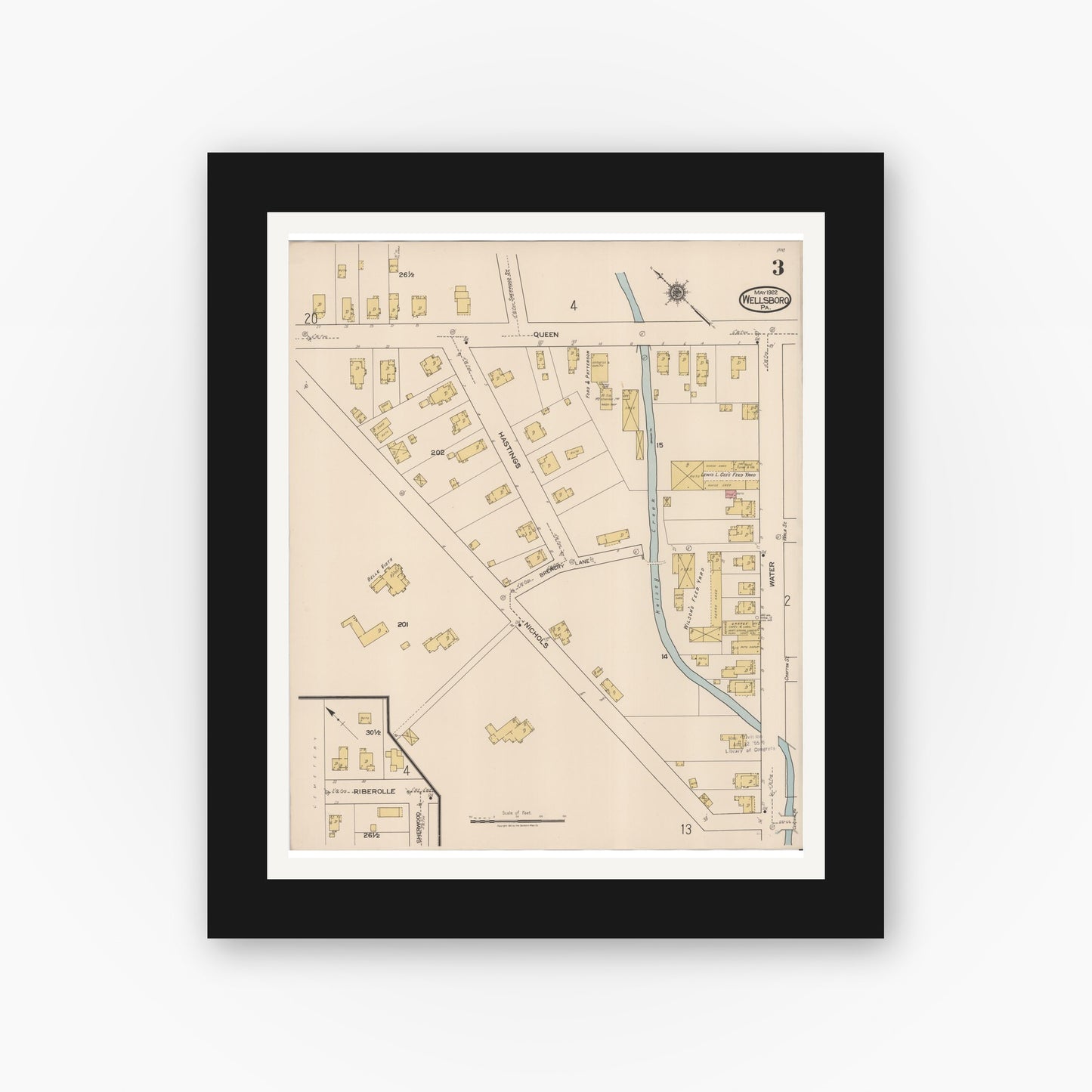 Old map wall art mockup — black gallery frame with white mat — Sanborn Fire Insurance Map from Wellsboro, Tioga County, Pennsylvania (1922), Sheet #0003