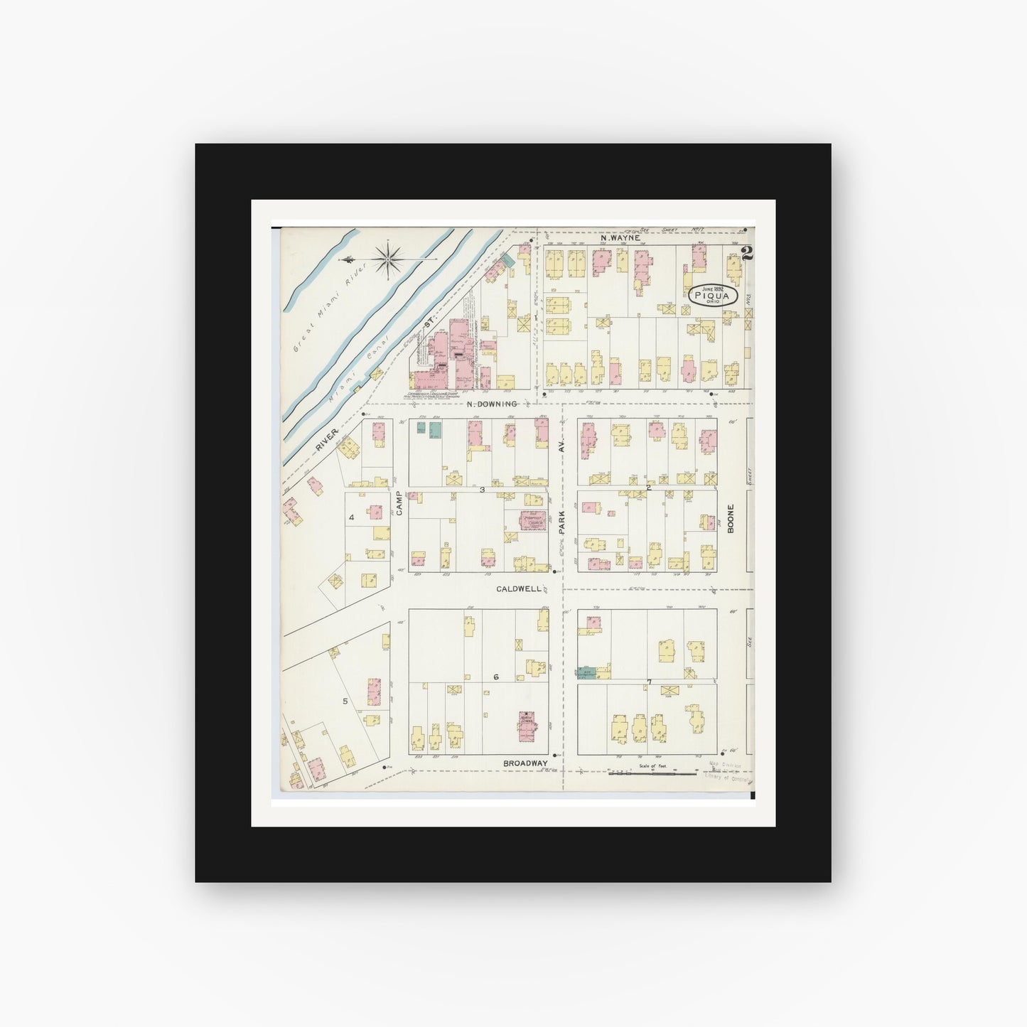 Old map wall art mockup — black gallery frame with white mat — Sanborn Fire Insurance Map from Piqua, Miami County, Ohio (1892), Sheet #0002