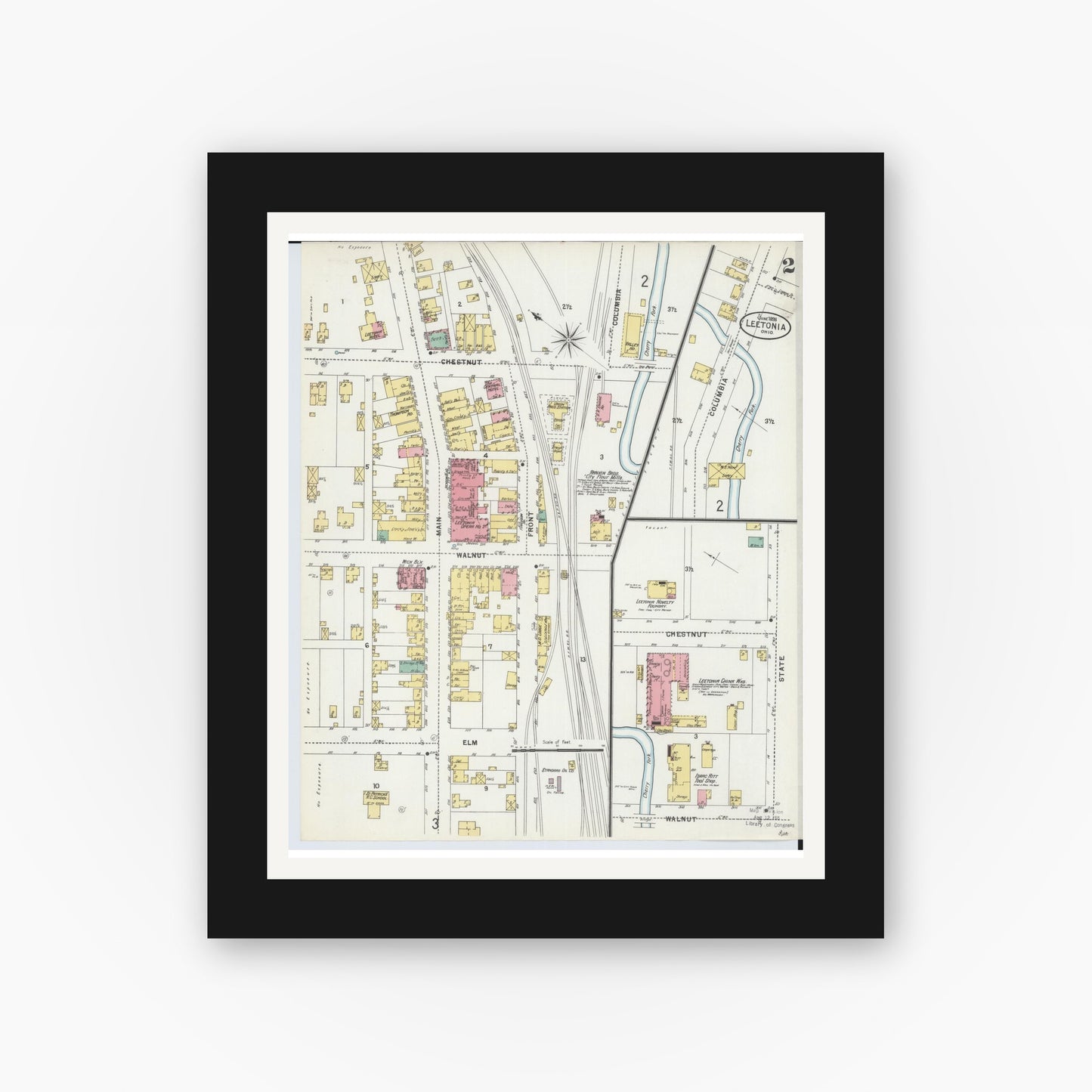 Old map wall art mockup — black gallery frame with white mat — Sanborn Fire Insurance Map from Leetonia, Columbiana County, Ohio (1898), Sheet #0002