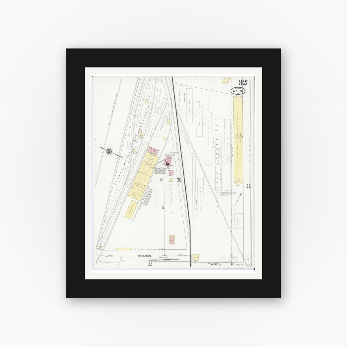 Old map wall art mockup — black gallery frame with white mat — Sanborn Fire Insurance Map from Cairo, Alexander County, Illinois (1914), Sheet #0032