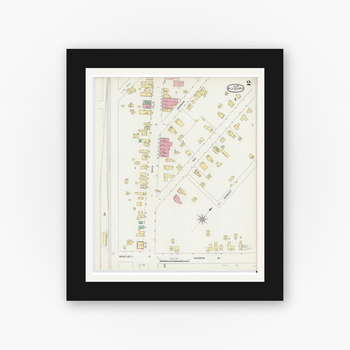 Old map wall art mockup — black gallery frame with white mat — Sanborn Fire Insurance Map from Allegany, Cattaraugus County, New York (1897), Sheet #0002