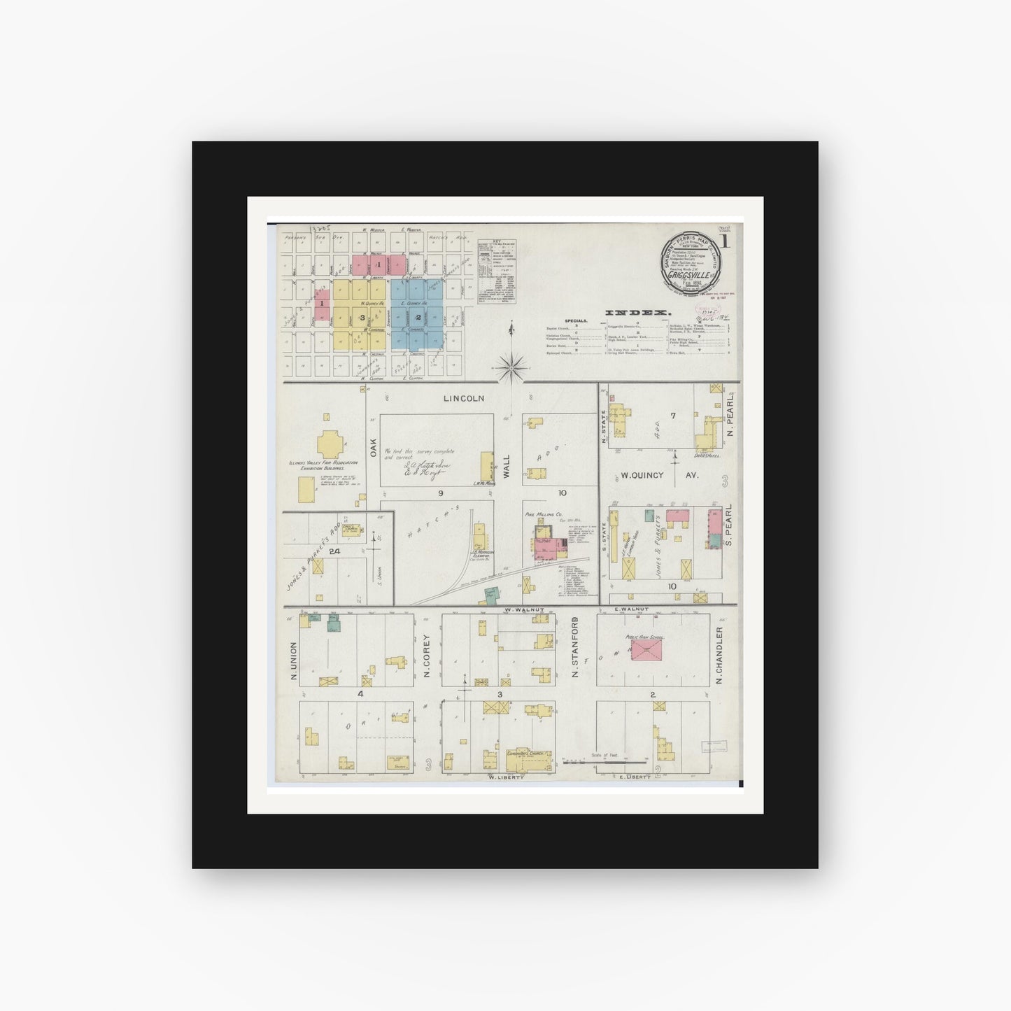 Old map wall art mockup — black gallery frame with white mat — Sanborn Fire Insurance Map from Griggsville, Pike County, Illinois (1894), Sheet #0001