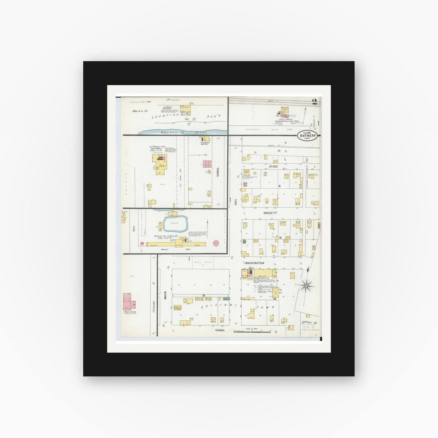 Old map wall art mockup — black gallery frame with white mat — Sanborn Fire Insurance Map from Antwerp, Paulding County, Ohio (1899), Sheet #0002