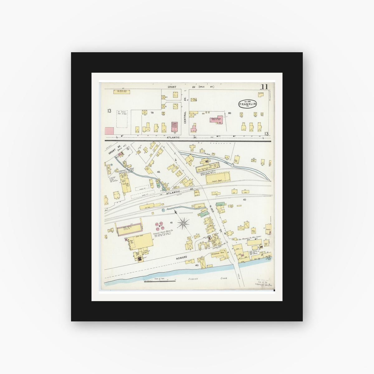 Old map wall art mockup β black gallery frame with white mat β Sanborn Fire Insurance Map from Franklin, Venango County, Pennsylvania (1896), Sheet #0011