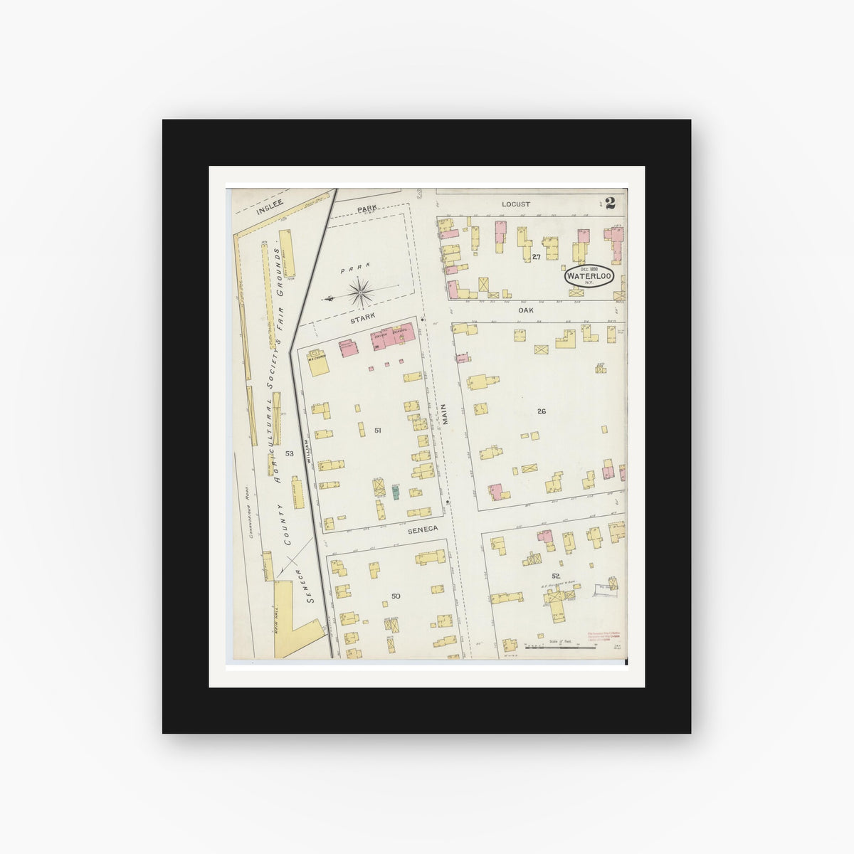 Old map wall art mockup — black gallery frame with white mat — Sanborn Fire Insurance Map from Waterloo, Seneca County, New York (1893), Sheet #0002