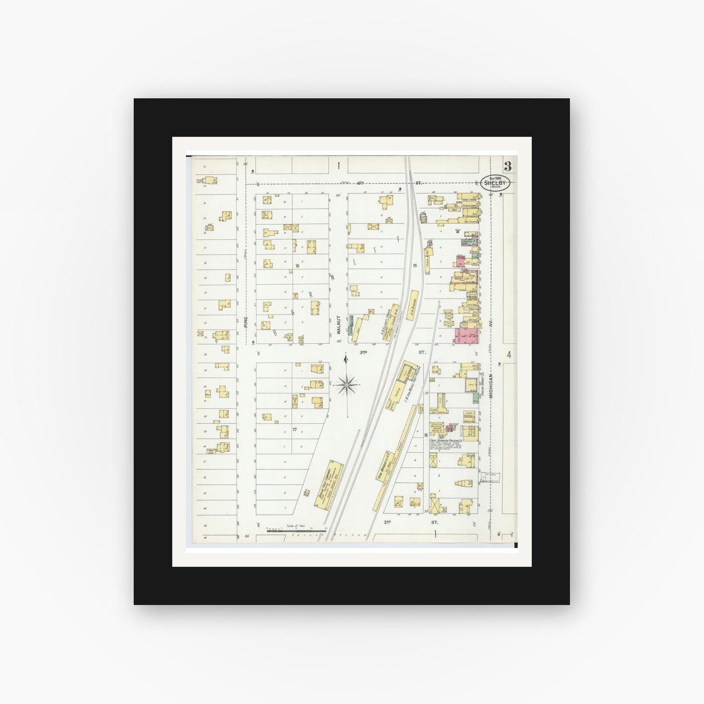 Old map wall art mockup — black gallery frame with white mat — Sanborn Fire Insurance Map from Shelby, Oceana County, Michigan (1900), Sheet #0003