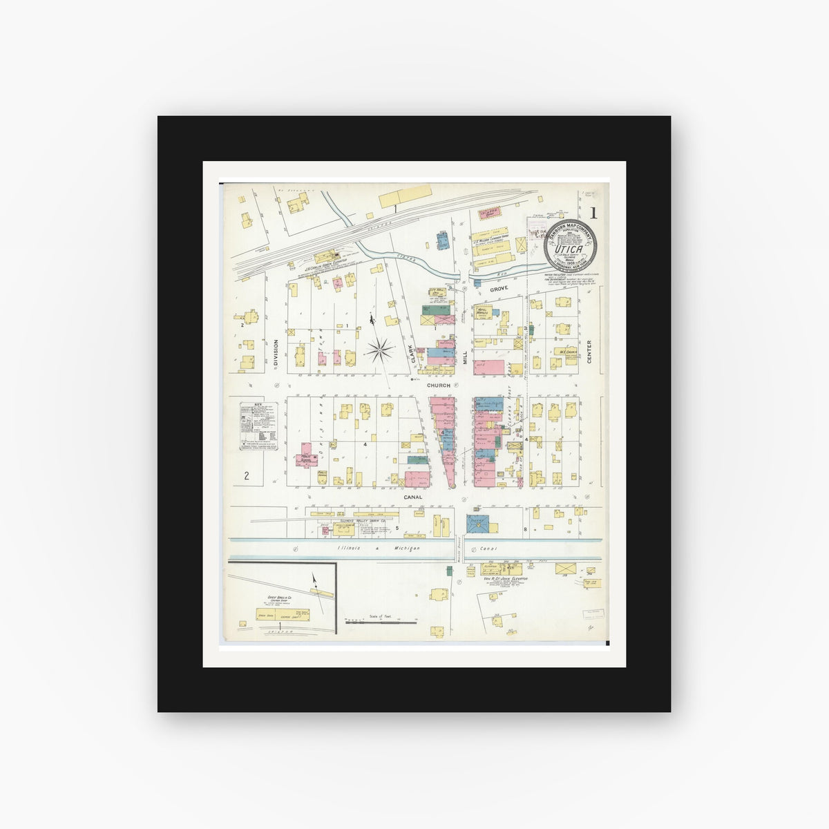 Old map wall art mockup — black gallery frame with white mat — Sanborn Fire Insurance Map from Utica, La Salle County, Illinois (1909) - Complete Map Set
