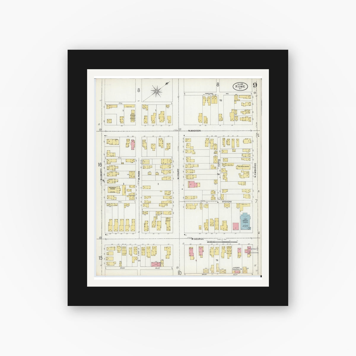 Old map wall art mockup — black gallery frame with white mat — Sanborn Fire Insurance Map from Rome, Oneida County, New York (1899), Sheet #0009