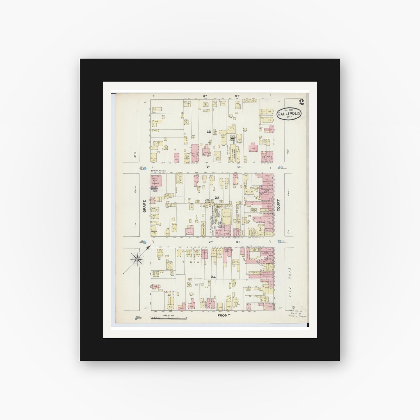 Old map wall art mockup — black gallery frame with white mat — Sanborn Fire Insurance Map from Gallipolis, Gallia County, Ohio (1890), Sheet #0002