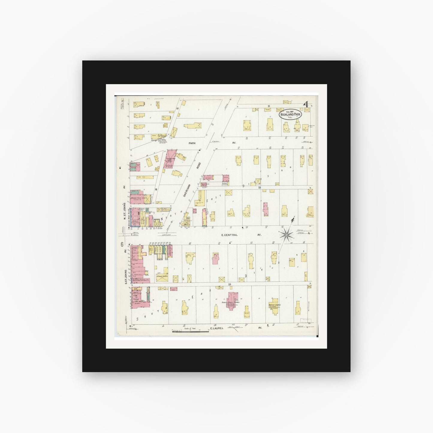 Old map wall art mockup — black gallery frame with white mat — Sanborn Fire Insurance Map from Highland Park, Lake County, Illinois (1907), Sheet #0004