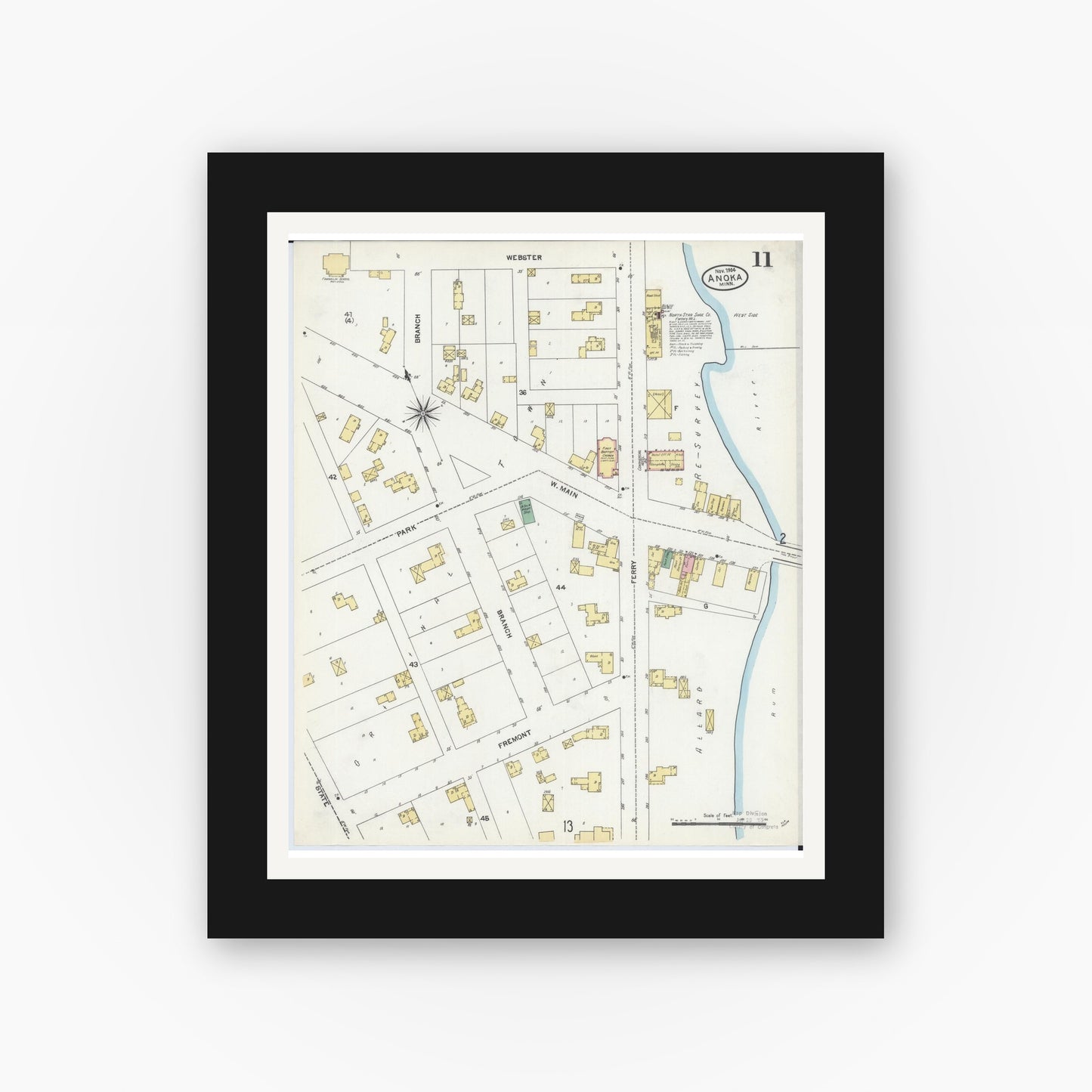 Old map wall art mockup — black gallery frame with white mat — Sanborn Fire Insurance Map from Anoka, Anoka County, Minnesota (1904), Sheet #0011