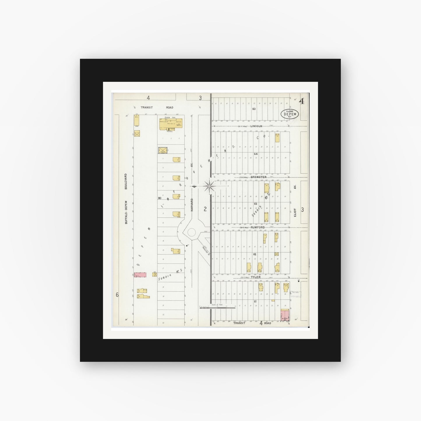 Old map wall art mockup — black gallery frame with white mat — Sanborn Fire Insurance Map from Depew, Erie County, New York (1900), Sheet #0004
