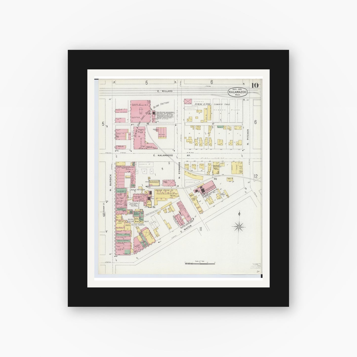 Old map wall art mockup — black gallery frame with white mat — Sanborn Fire Insurance Map from Kalamazoo, Kalamazoo County, Michigan (1896), Sheet #0010