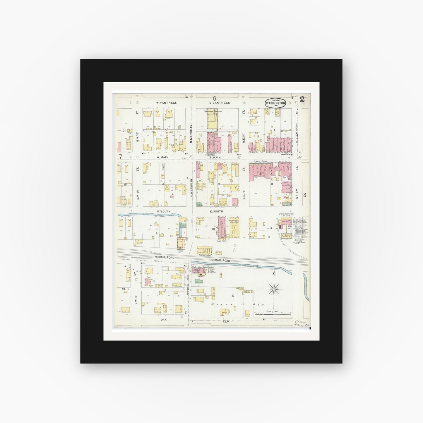 Old map wall art mockup — black gallery frame with white mat — Sanborn Fire Insurance Map from Washington, Daviess County, Indiana (1896), Sheet #0002