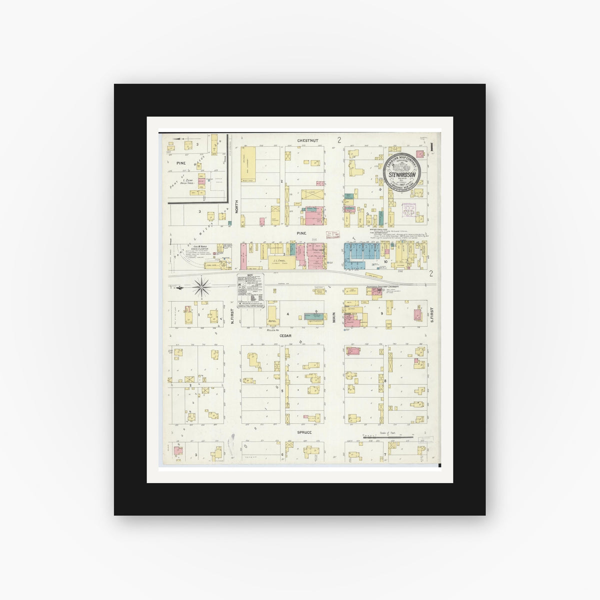 Old map wall art mockup — black gallery frame with white mat — Sanborn Fire Insurance Map from Stewardson, Shelby County, Illinois (1907) - Complete Map Set