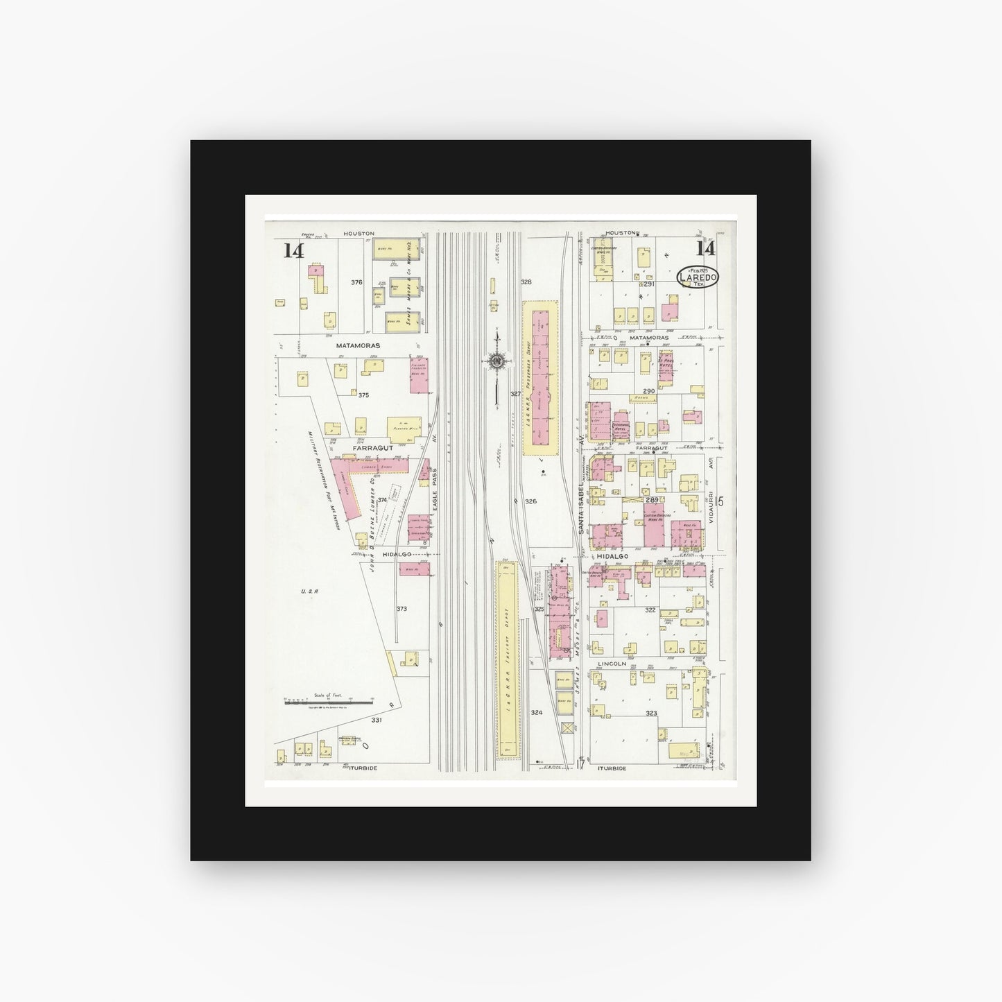Old map wall art mockup — black gallery frame with white mat — Sanborn Fire Insurance Map from Laredo, Webb County, Texas (1925), Sheet #0014