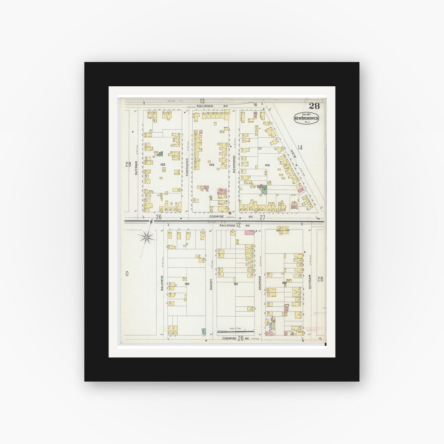 Old map wall art mockup — black gallery frame with white mat — Sanborn Fire Insurance Map from New Brunswick, Middlesex County, New Jersey (1897), Sheet #0028