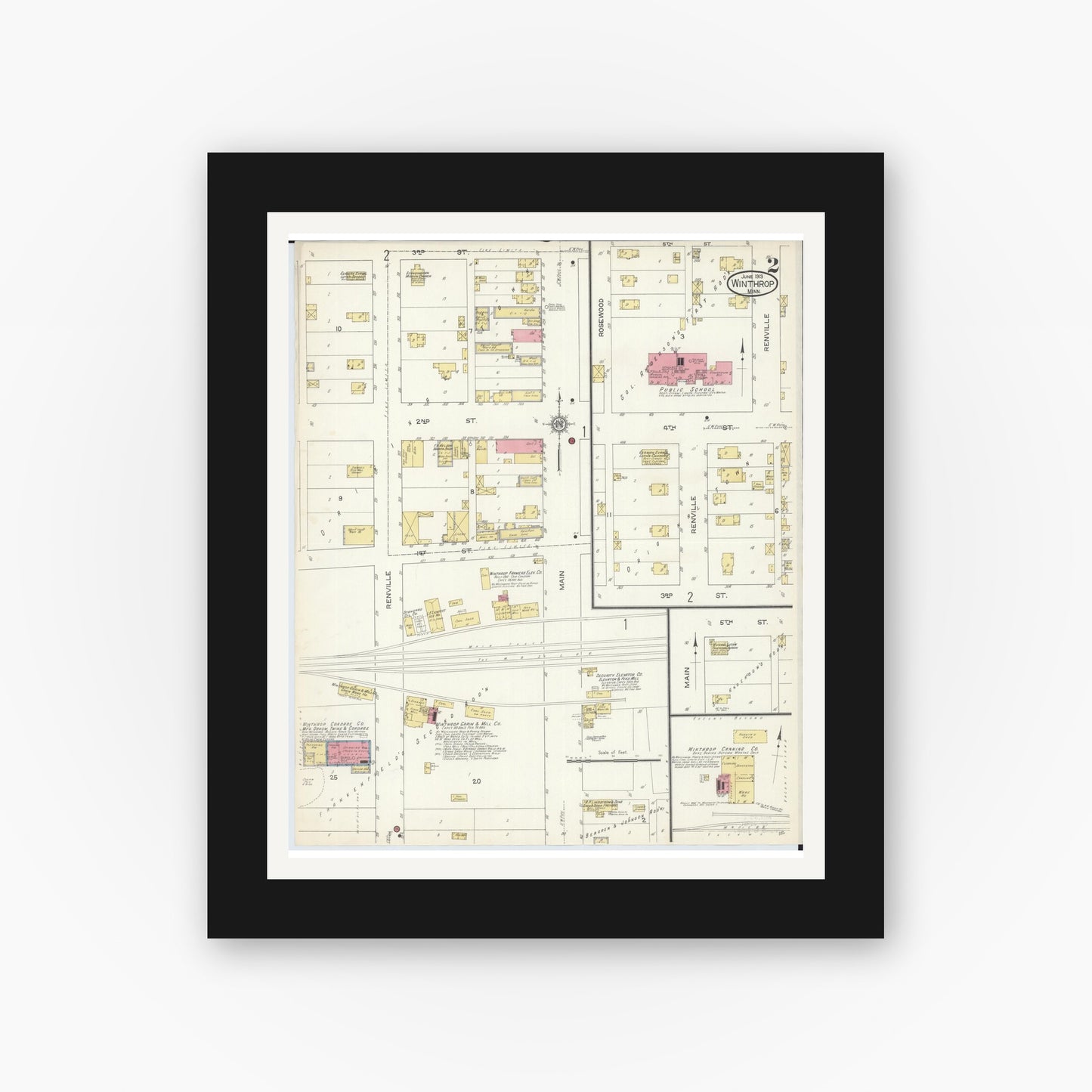 Old map wall art mockup — black gallery frame with white mat — Sanborn Fire Insurance Map from Winthrop, Sibley County, Minnesota (1913), Sheet #0002