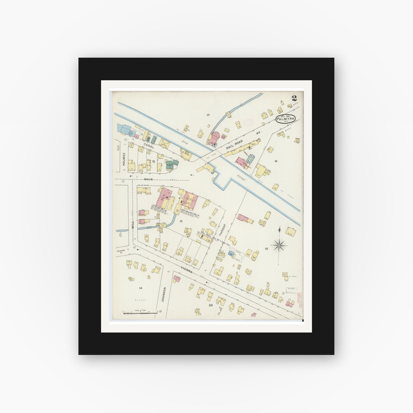 Old map wall art mockup — black gallery frame with white mat — Sanborn Fire Insurance Map from Palmyra, Wayne County, New York (1894) - Complete Map Set