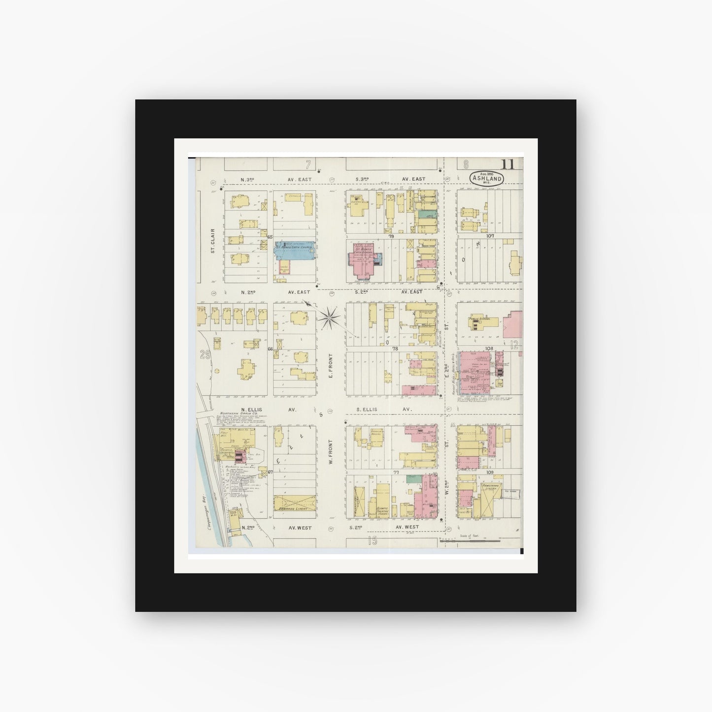 Old map wall art mockup — black gallery frame with white mat — Sanborn Fire Insurance Map from Ashland, Ashland County, Wisconsin (1895), Sheet #0011