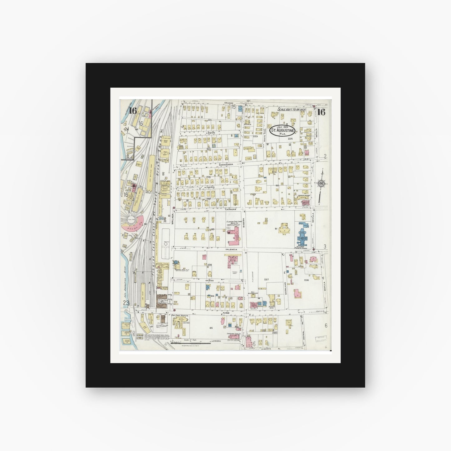 Old map wall art mockup — black gallery frame with white mat — Sanborn Fire Insurance Map from Saint Augustine, Saint John's County, Florida (1924), Sheet #0016