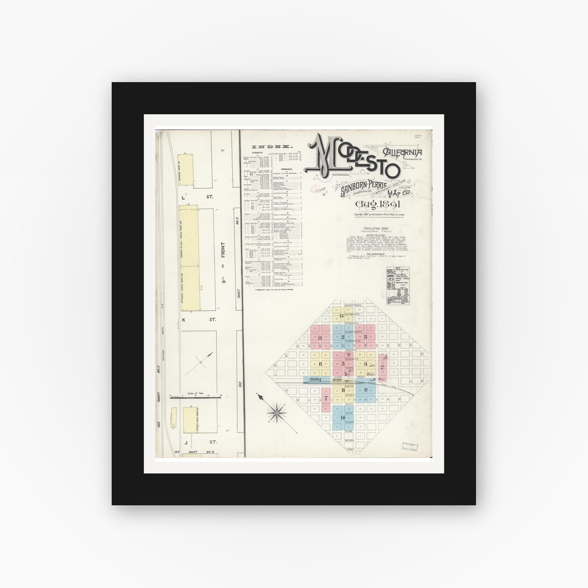 Old map wall art mockup — black gallery frame with white mat — Sanborn Fire Insurance Map from Modesto, Stanislaus County, California (1891) - Complete Map Set