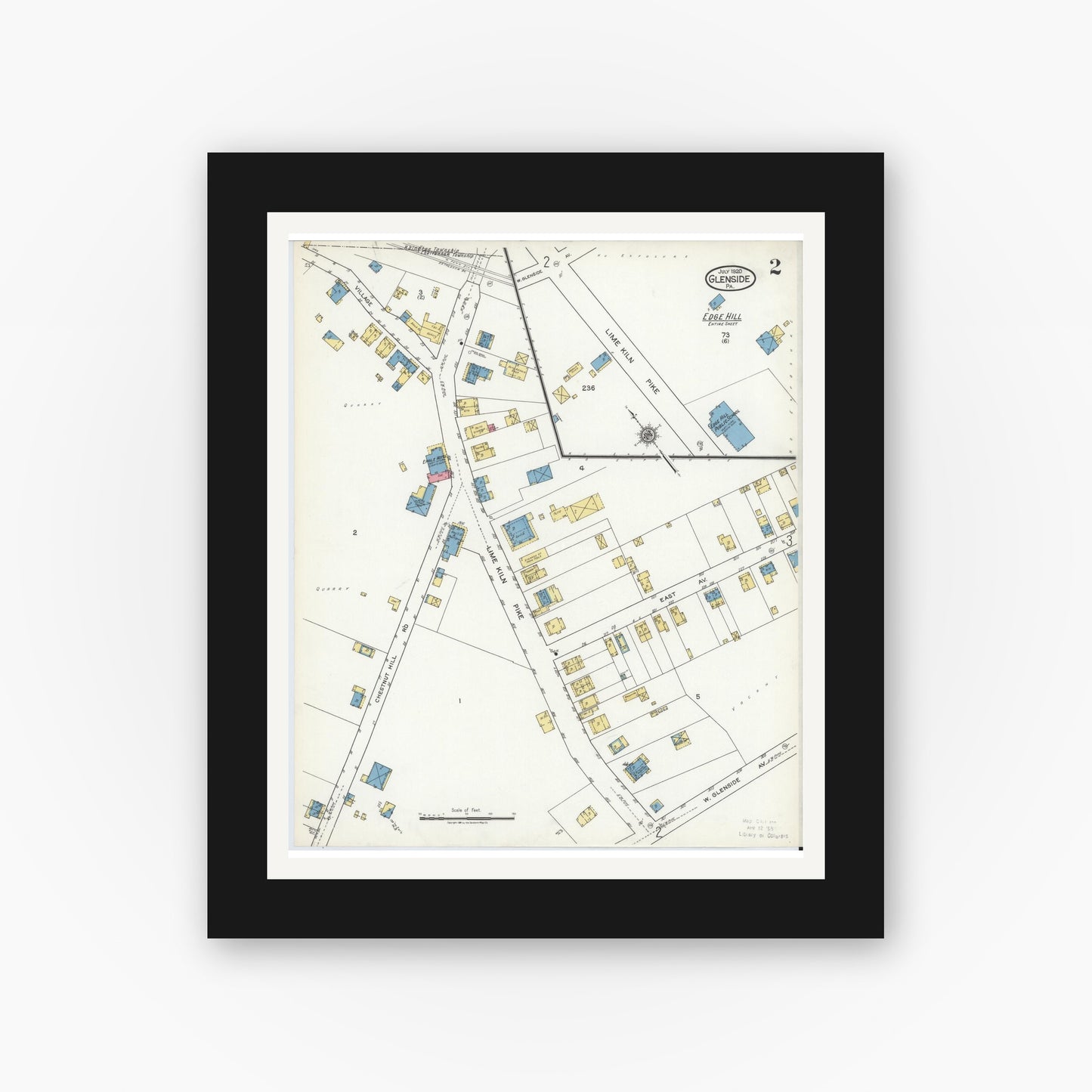 Old map wall art mockup — black gallery frame with white mat — Sanborn Fire Insurance Map from Glenside, Montgomery County, Pennsylvania (1920), Sheet #0002