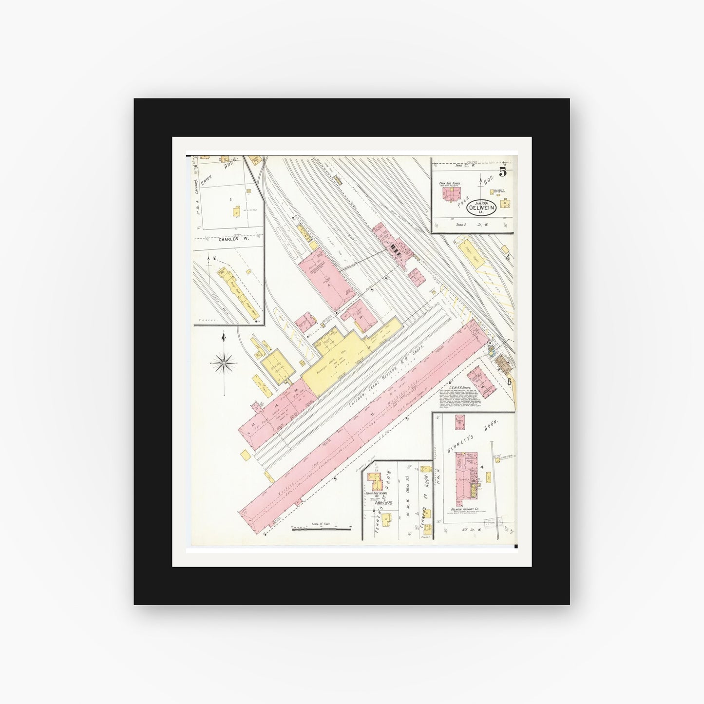 Old map wall art mockup — black gallery frame with white mat — Sanborn Fire Insurance Map from Oelwein, Fayette County, Iowa (1906), Sheet #0005