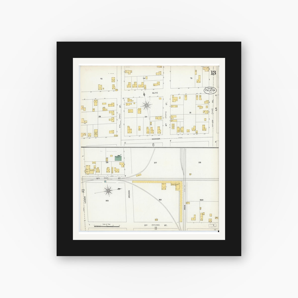 Old map wall art mockup — black gallery frame with white mat — Sanborn Fire Insurance Map from Palatka, Putnam County, Florida (1903), Sheet #0013