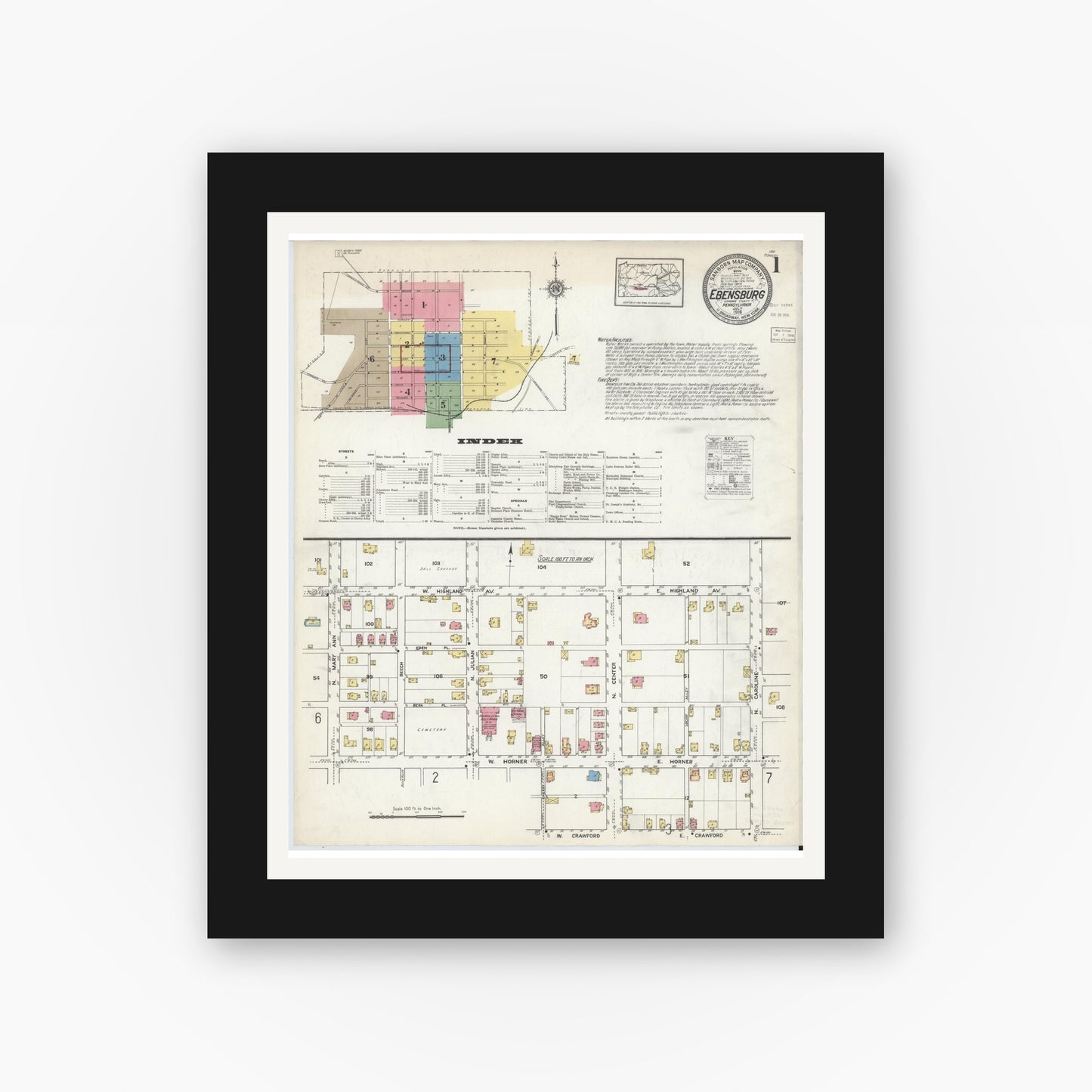 Old map wall art mockup — black gallery frame with white mat — Sanborn Fire Insurance Map from Ebensburg, Cambria County, Pennsylvania (1916), Sheet #0001