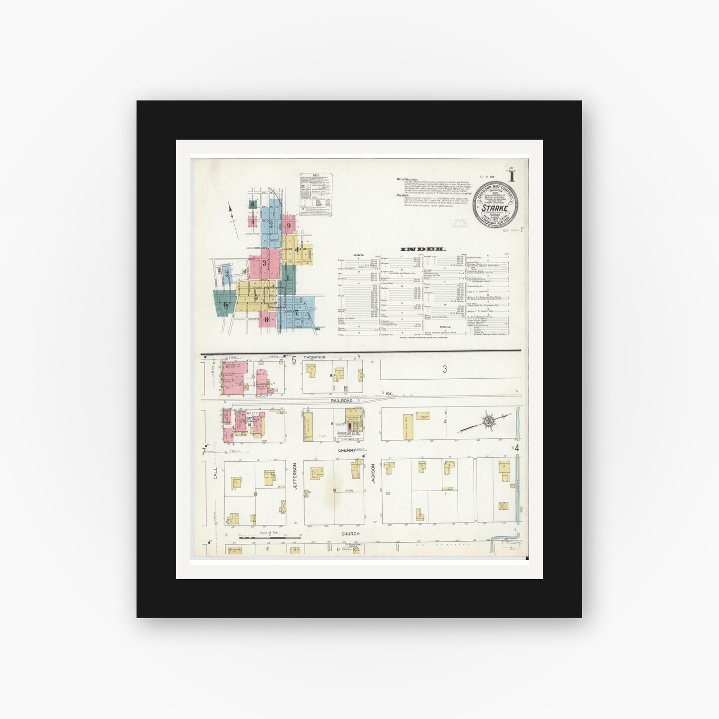 Old map wall art mockup — black gallery frame with white mat — Sanborn Fire Insurance Map from Starke, Bradford County, Florida (1912), Sheet #0001