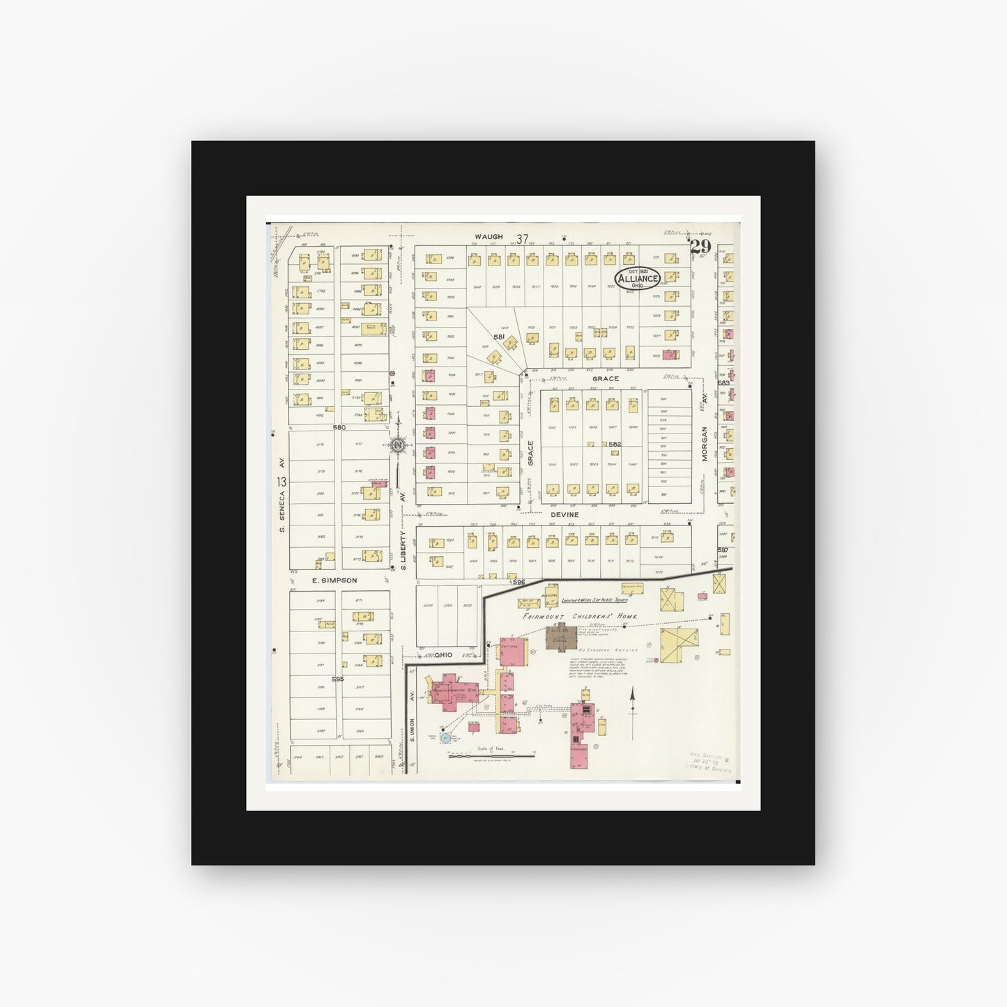 Old map wall art mockup — black gallery frame with white mat — Sanborn Fire Insurance Map from Alliance, Stark County, Ohio (1921), Sheet #0029