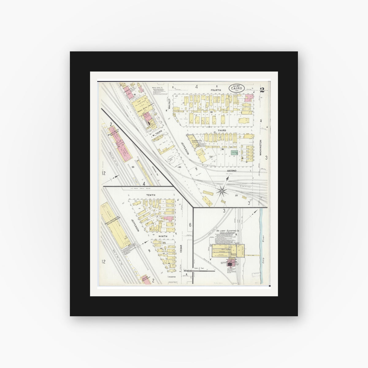 Old map wall art mockup — black gallery frame with white mat — Sanborn Fire Insurance Map from Cairo, Alexander County, Illinois (1907), Sheet #0002
