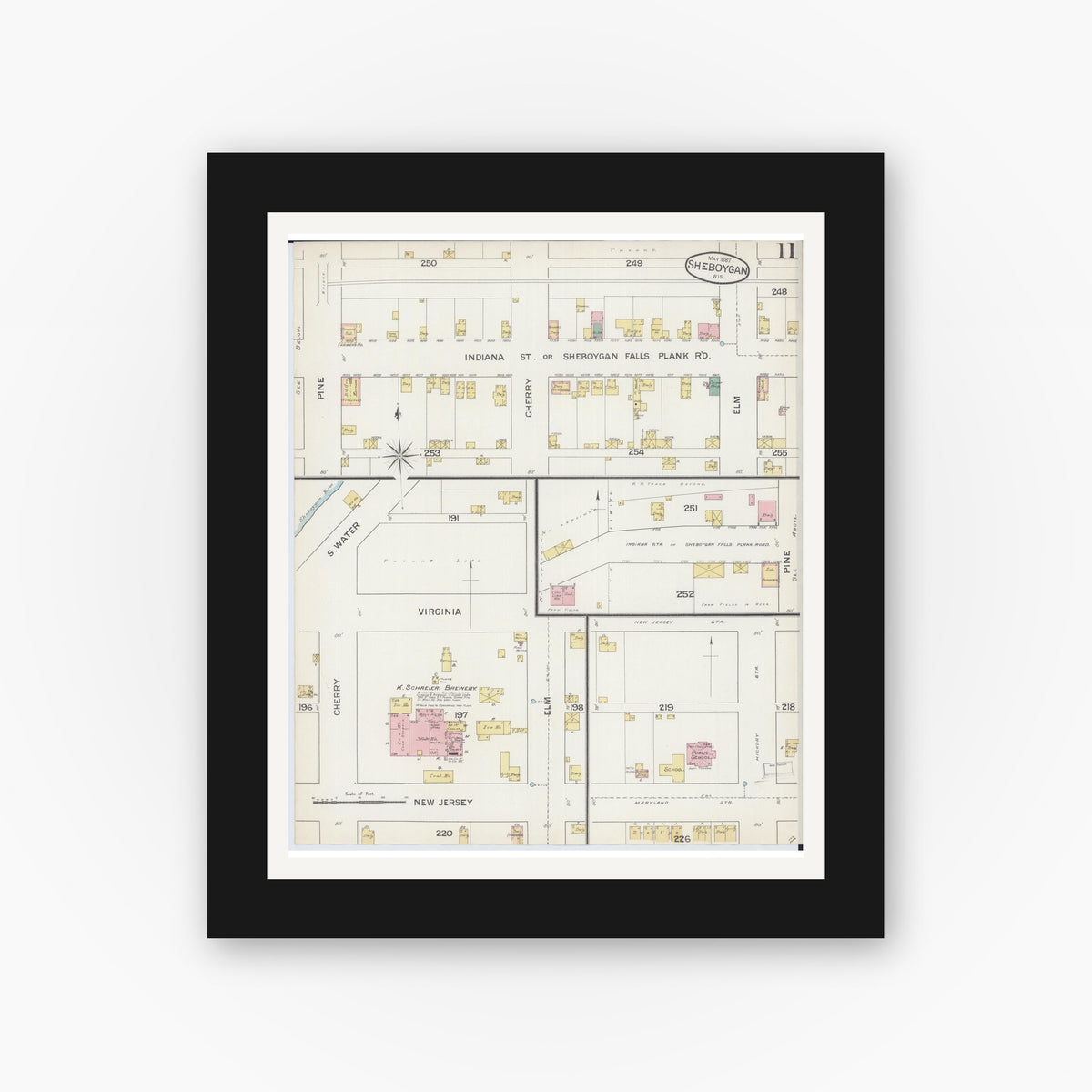 Old map wall art mockup — black gallery frame with white mat — Sanborn Fire Insurance Map from Sheboygan, Sheboygan County, Wisconsin (1887), Sheet #0011